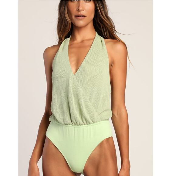 New LULU’S Women's Destinations Light Green Faux-Wrap Halter Bodysuit Size XS - Picture 1 of 11